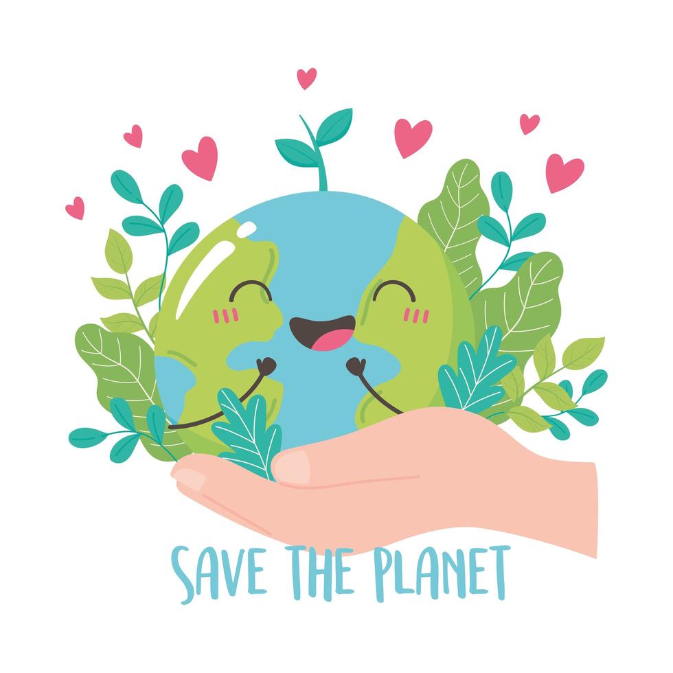 salve o planeta, com a mão segurando um lindo desenho de corações de folhas de mapa da terra vetor