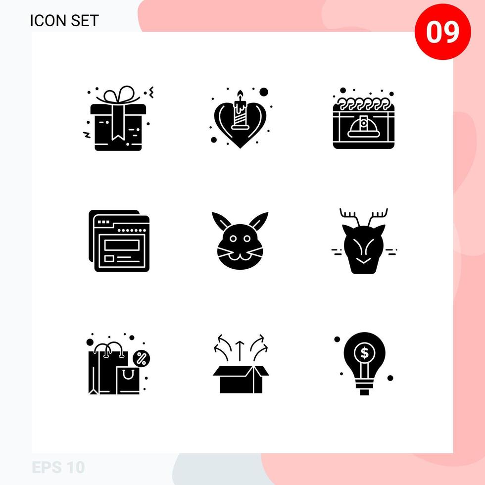 grupo de 9 sinais e símbolos de glifos sólidos para modelo de calendário da web de coelho cap elementos de design de vetores editáveis