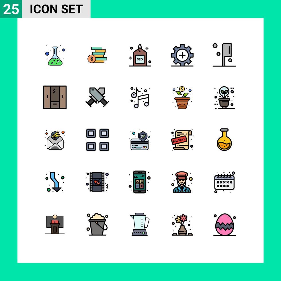 25 símbolos de sinais de cor plana de linha preenchida universal de equipamentos de motor de saúde médica seo elementos de design de vetores editáveis
