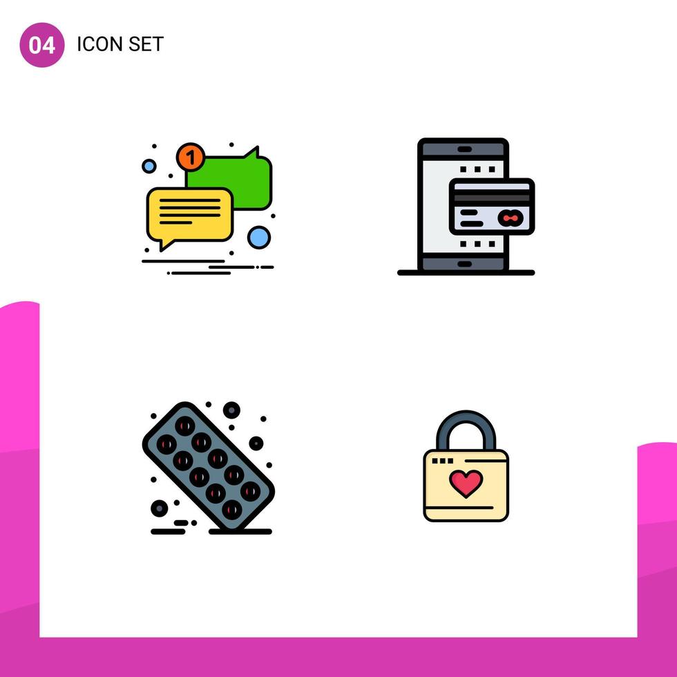 conjunto de cores planas de linha preenchida de interface móvel de 4 pictogramas de elementos de design de vetores editáveis de medicina on-line de bate-papo