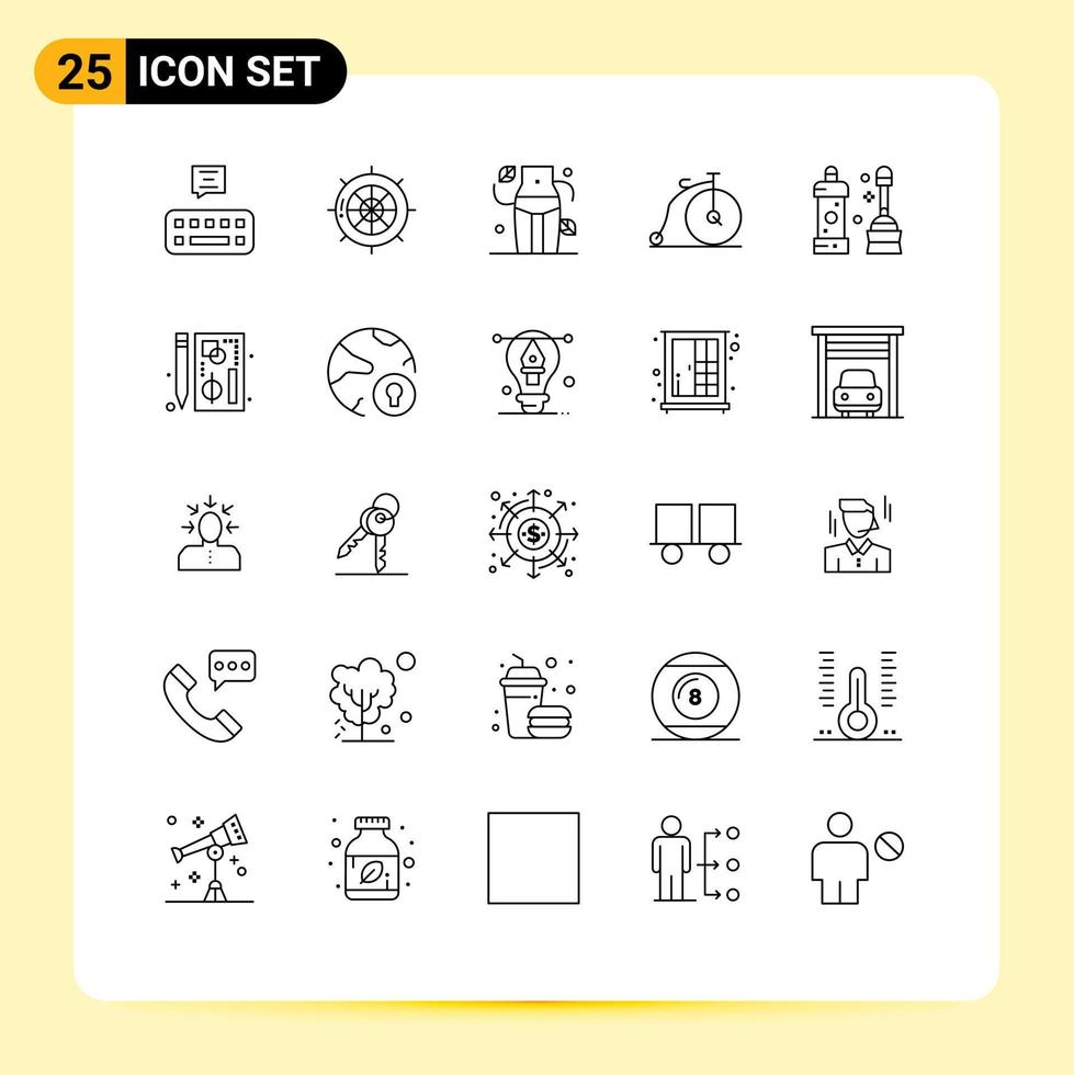 conjunto de 25 sinais de símbolos de ícones de interface do usuário modernos para veículos mais limpos, dieta, transporte, bicicleta, elementos de design de vetores editáveis