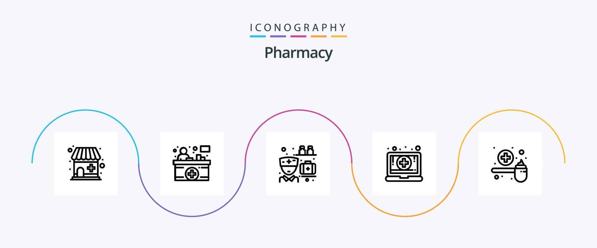 pacote de ícones da linha 5 de farmácia, incluindo medição. cura. medicina. farmacia. computador portátil vetor