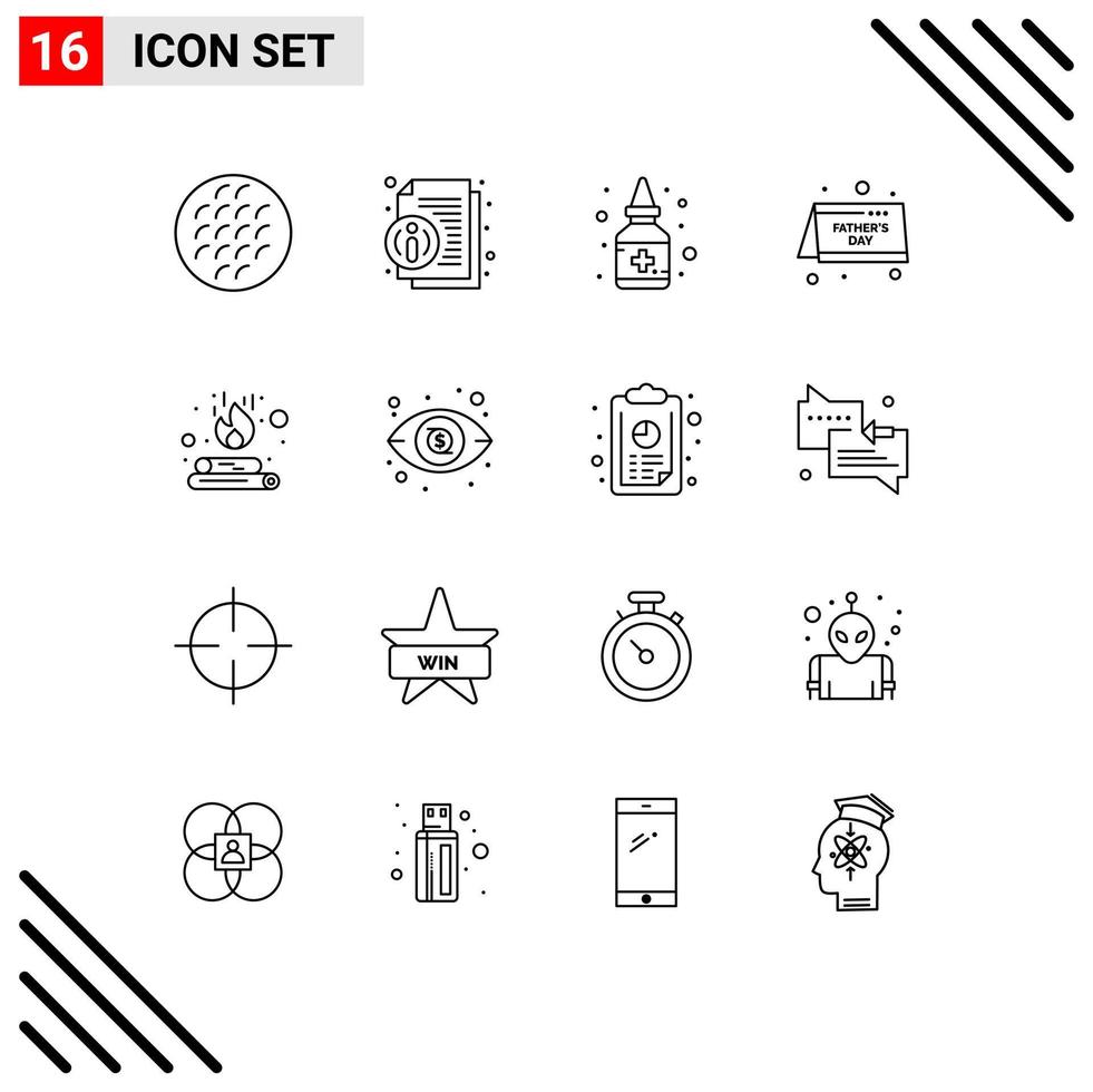 16 ícones criativos, sinais e símbolos modernos de fogueira, pai, notícias, data, medicina, elementos de design de vetores editáveis