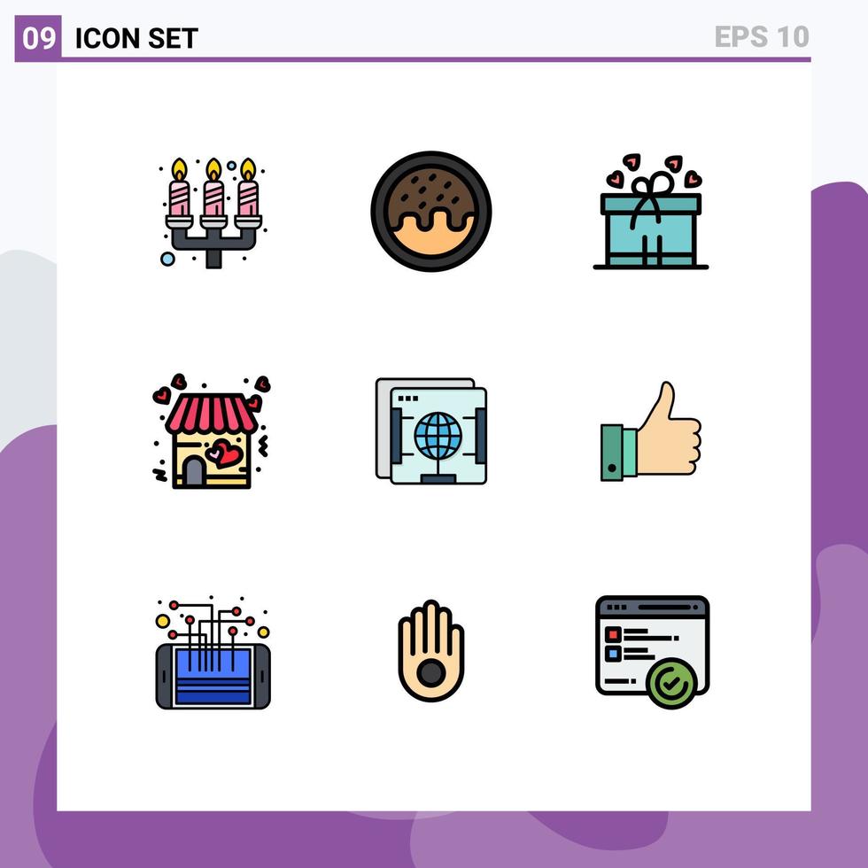 conjunto de pictogramas de 9 cores planas de linha preenchida simples da caixa de Internet do globo, navegador de fita, loja de elementos de design de vetores editáveis