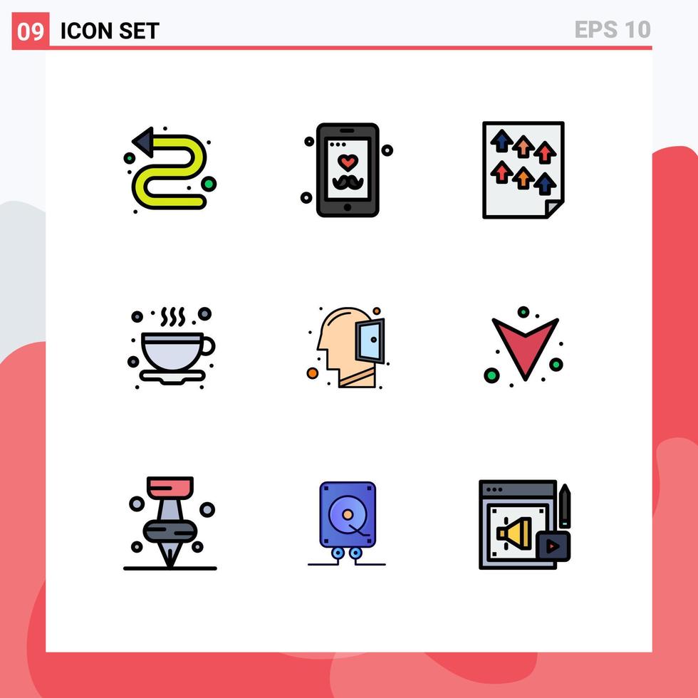 conjunto de pictogramas de 9 cores planas de linhas preenchidas simples da mente, xícara de dados de café, relatório de elementos de design vetorial editáveis vetor