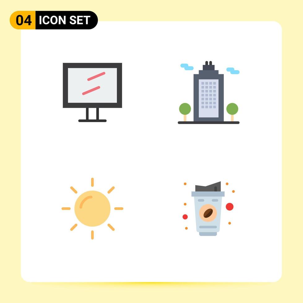 conjunto de pictogramas de 4 ícones planos simples de copo de ambiente de construção de sol de computador elementos de design de vetores editáveis