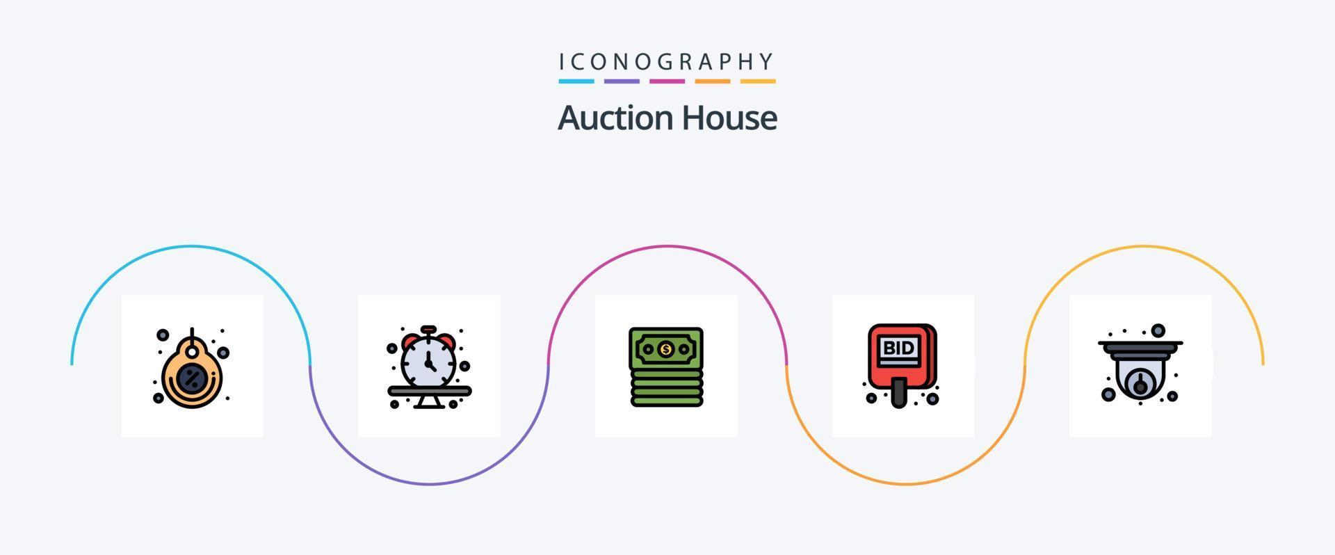 linha de leilão cheia de pacote de ícones plana 5 incluindo cam. rótulo. Tempo. competir. leilão vetor