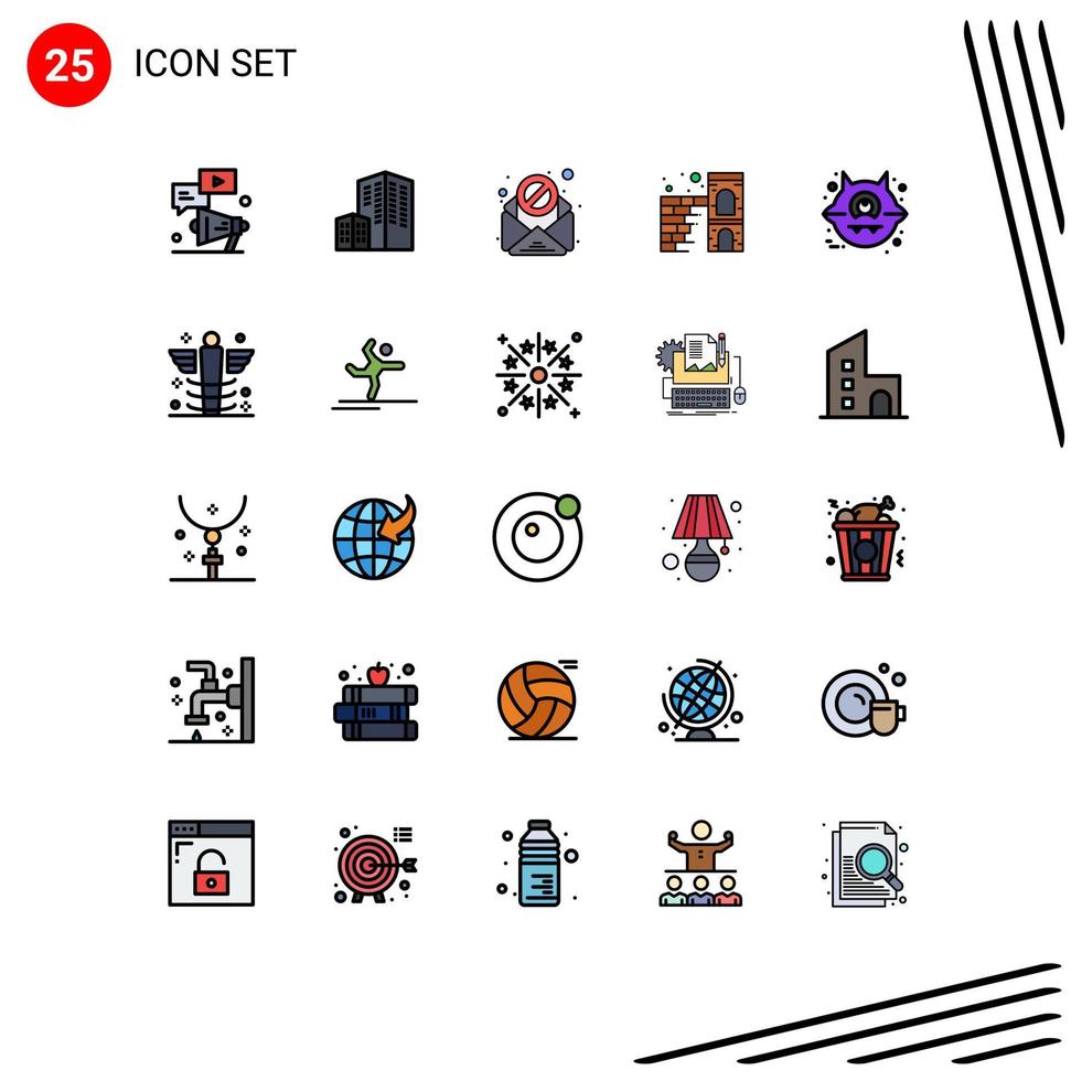 25 símbolos de sinais de cor plana de linha preenchida universal de elementos de design de vetores editáveis de tijolos de parede de e-mail animal de halloween