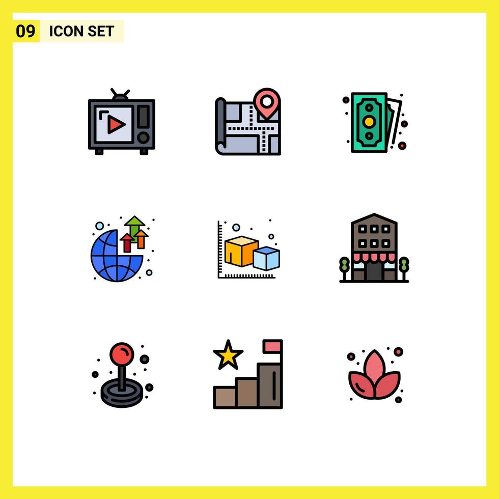 conjunto de 9 sinais de símbolos de ícones de interface do usuário modernos para cubo lucro dinheiro mundo global elementos de design de vetores editáveis