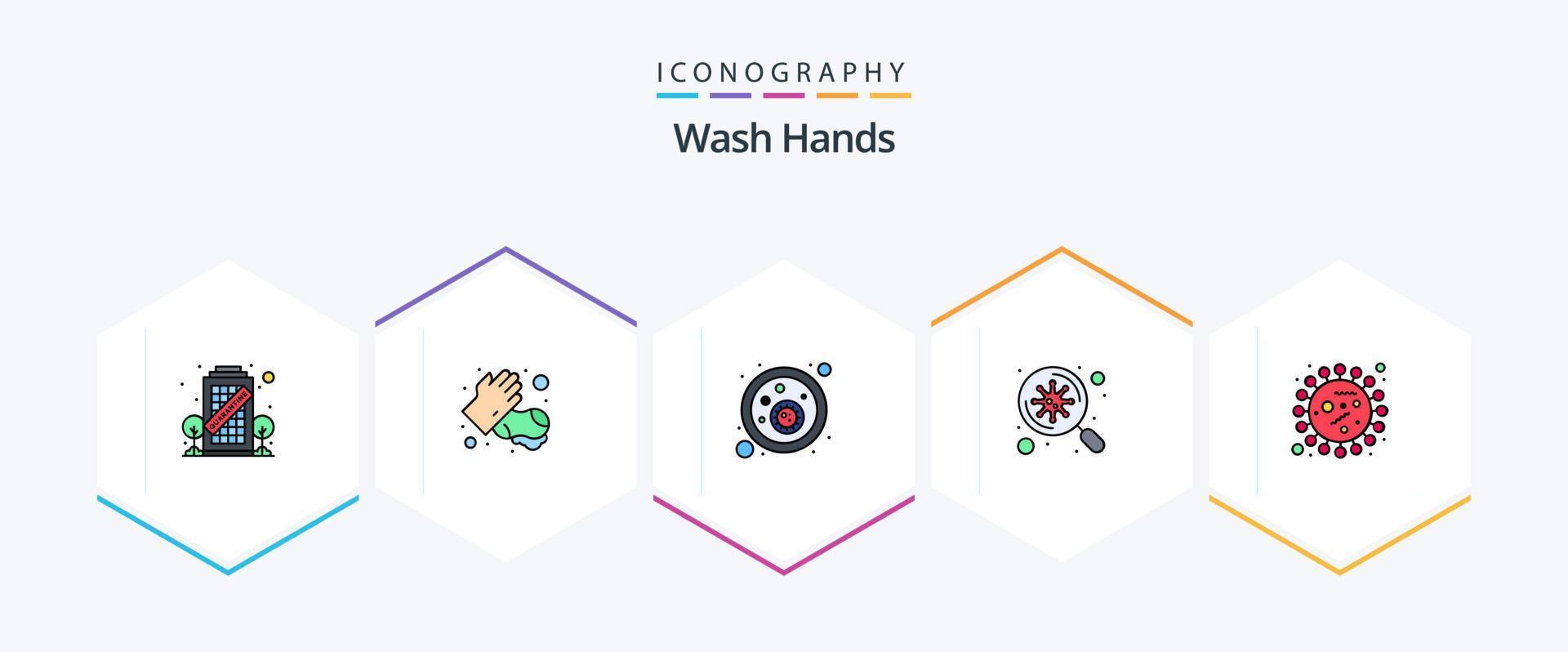 lave as mãos 25 pacote de ícones de linha preenchida, incluindo coronavírus. Varredura. bactérias do sangue. vírus. bactérias vetor