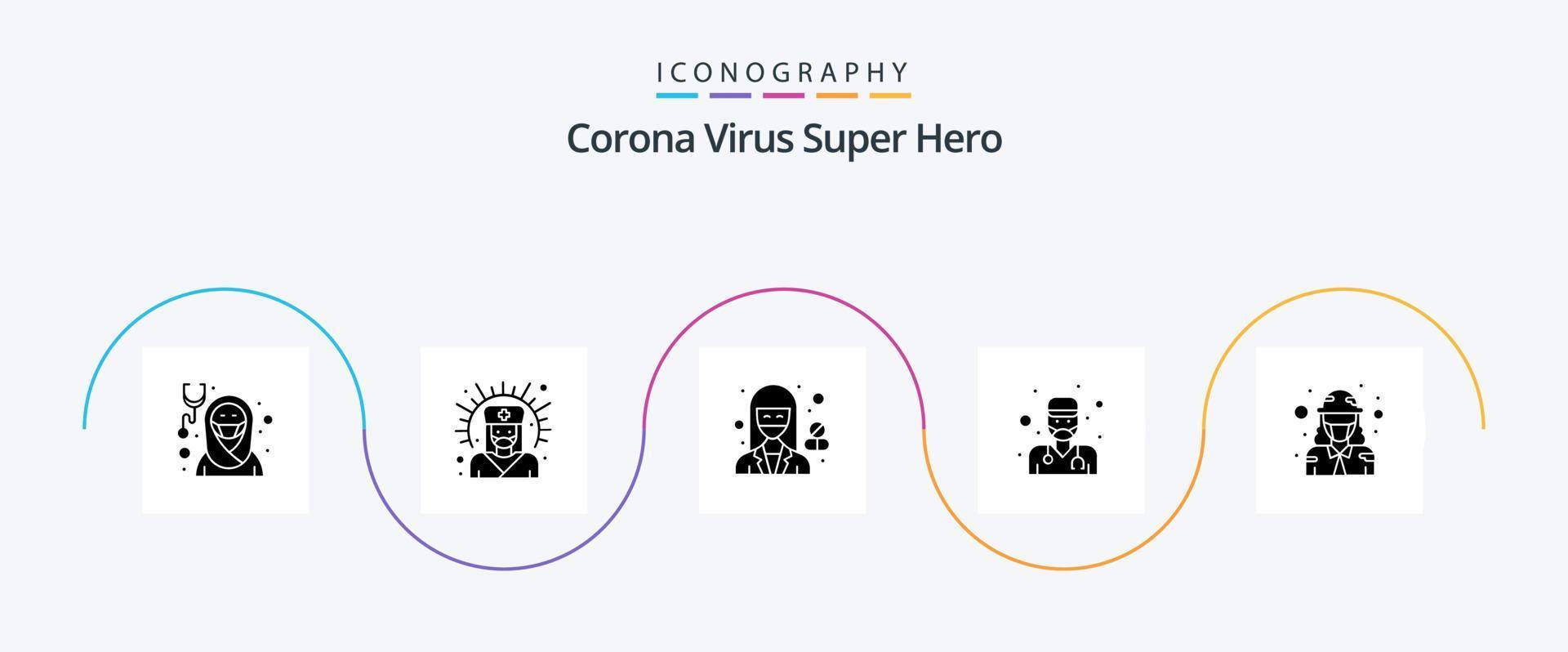 pacote de ícones do super-herói do super-herói do vírus corona 5, incluindo o exército. saúde. fêmea. médico cobiçoso. fêmea vetor