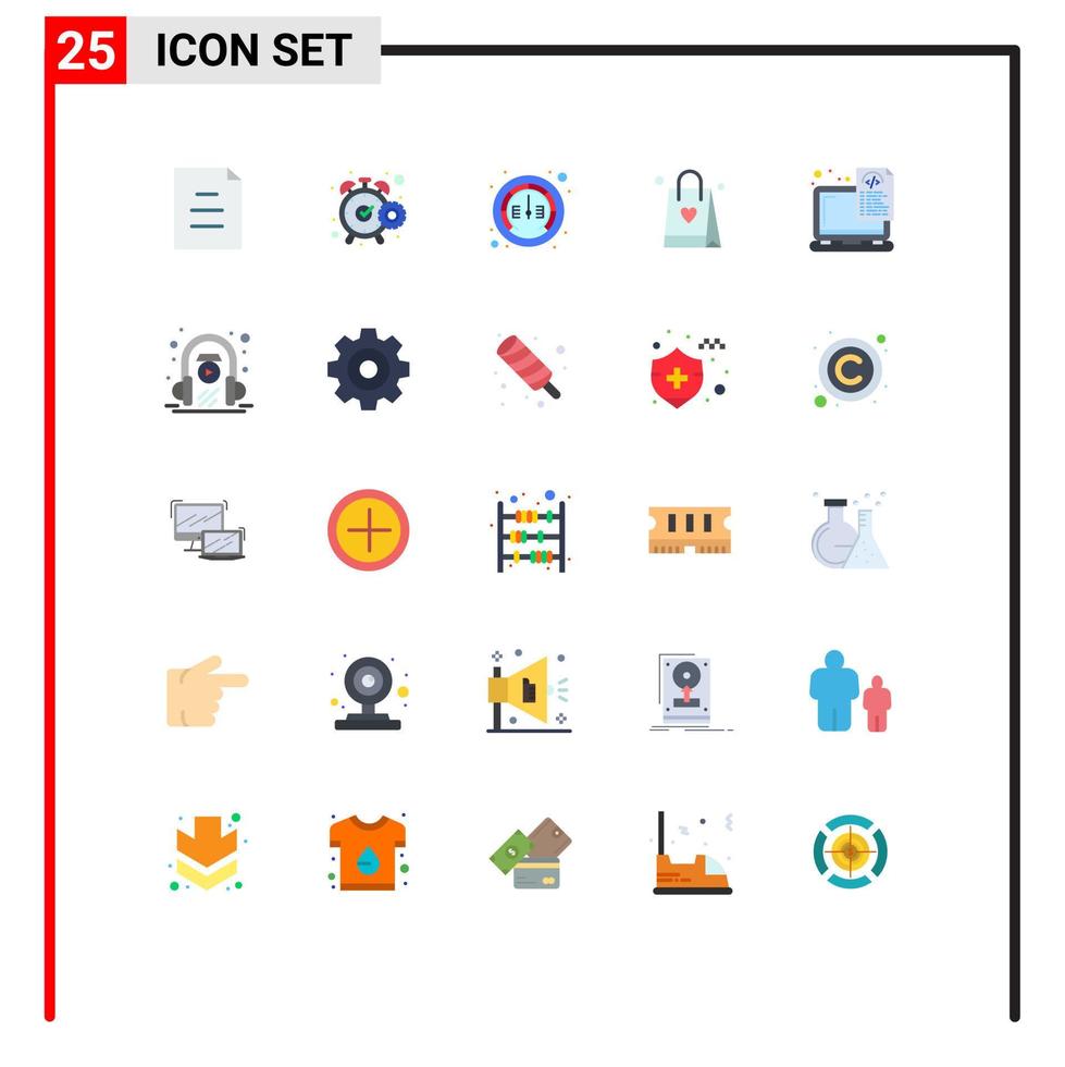 Pacote de cores planas de 25 interfaces de usuário de sinais e símbolos modernos de arquivos medidor de dispositivo amo sacola de compras elementos de design vetorial editáveis vetor