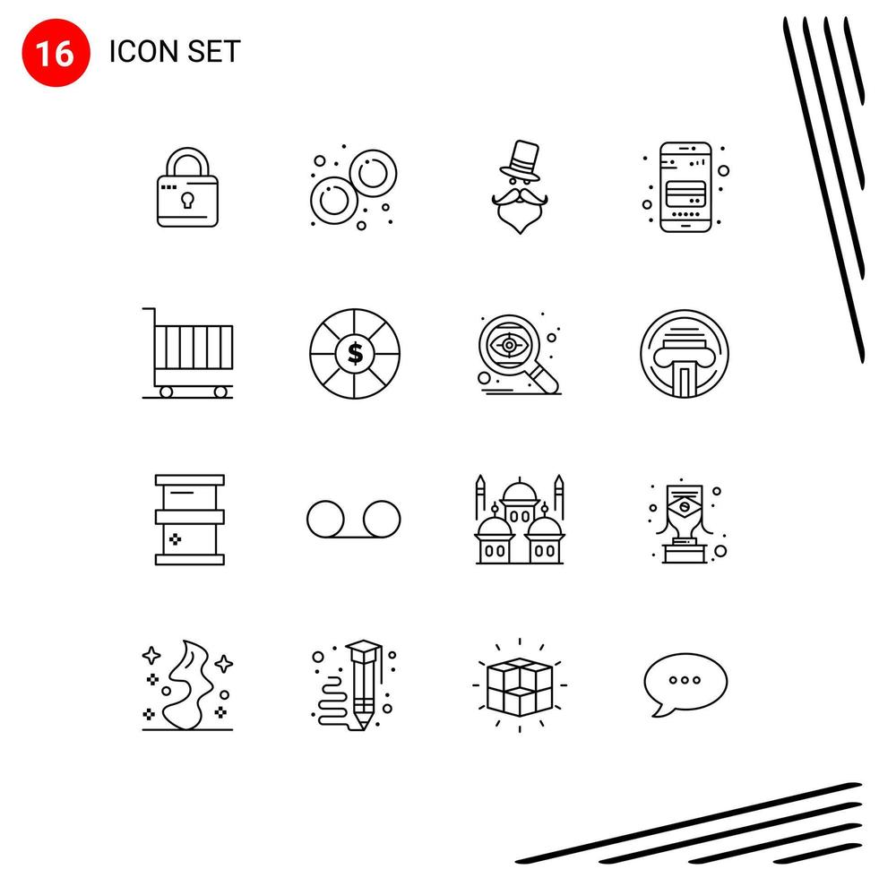 conjunto de esboço de interface móvel de 16 pictogramas de elementos de design de vetores editáveis de chapéu de cartão de bigode móvel de negócios