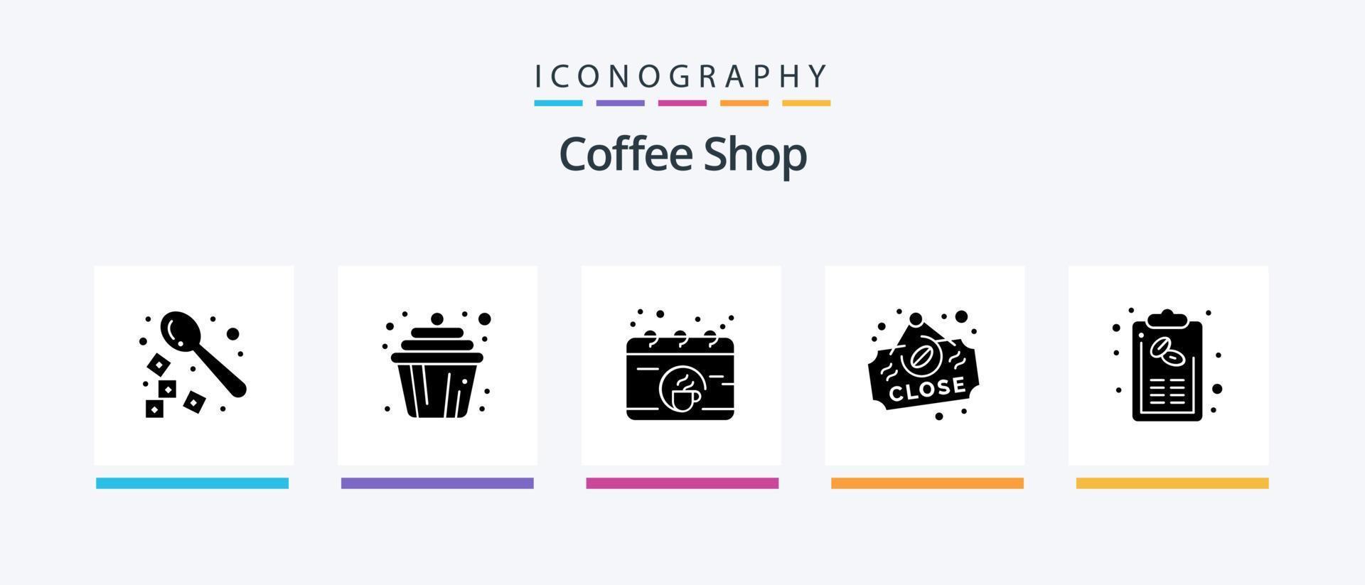 pacote de ícones de glifo 5 de cafeteria, incluindo café. o sinal. calendário. perto. café. design de ícones criativos vetor