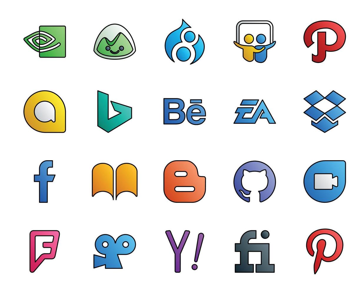 Pacote de 20 ícones de mídia social, incluindo foursquare github electronics arts blogger facebook vetor