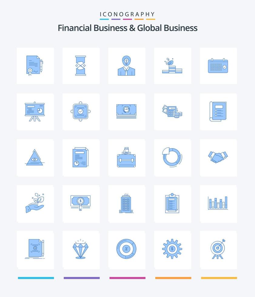 negócios financeiros criativos e negócios globais 25 pacote de ícones azuis, como sucesso. crescimento. areia. crescer. claro vetor