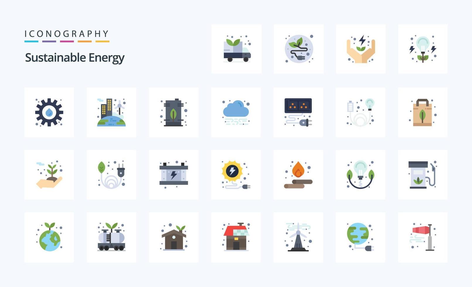 25 pacotes de ícones de cores planas de energia sustentável vetor