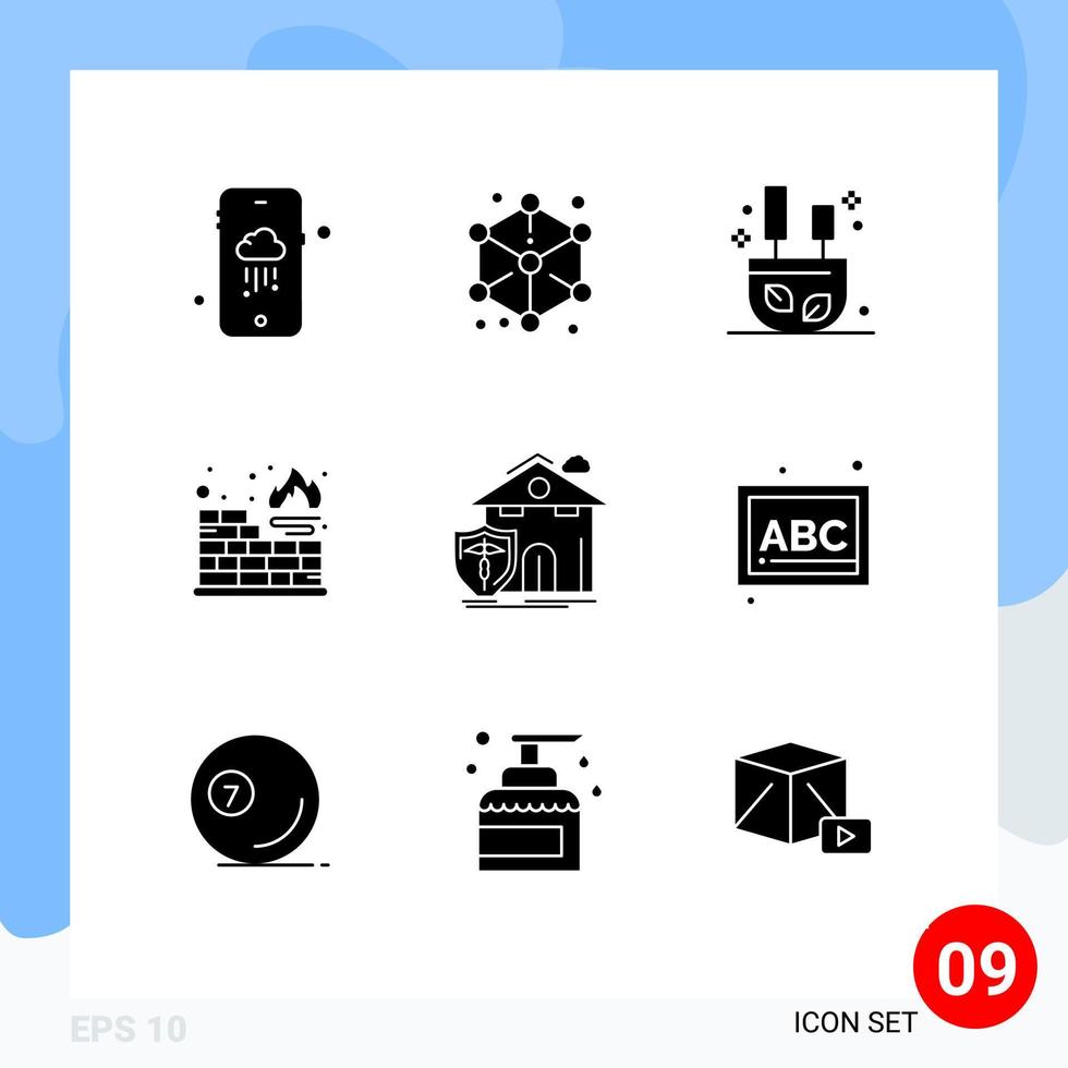 conjunto de 9 sinais de símbolos de ícones de interface do usuário modernos para banco de dados de proteção contra queima de seguro de casa elementos de design de vetores editáveis