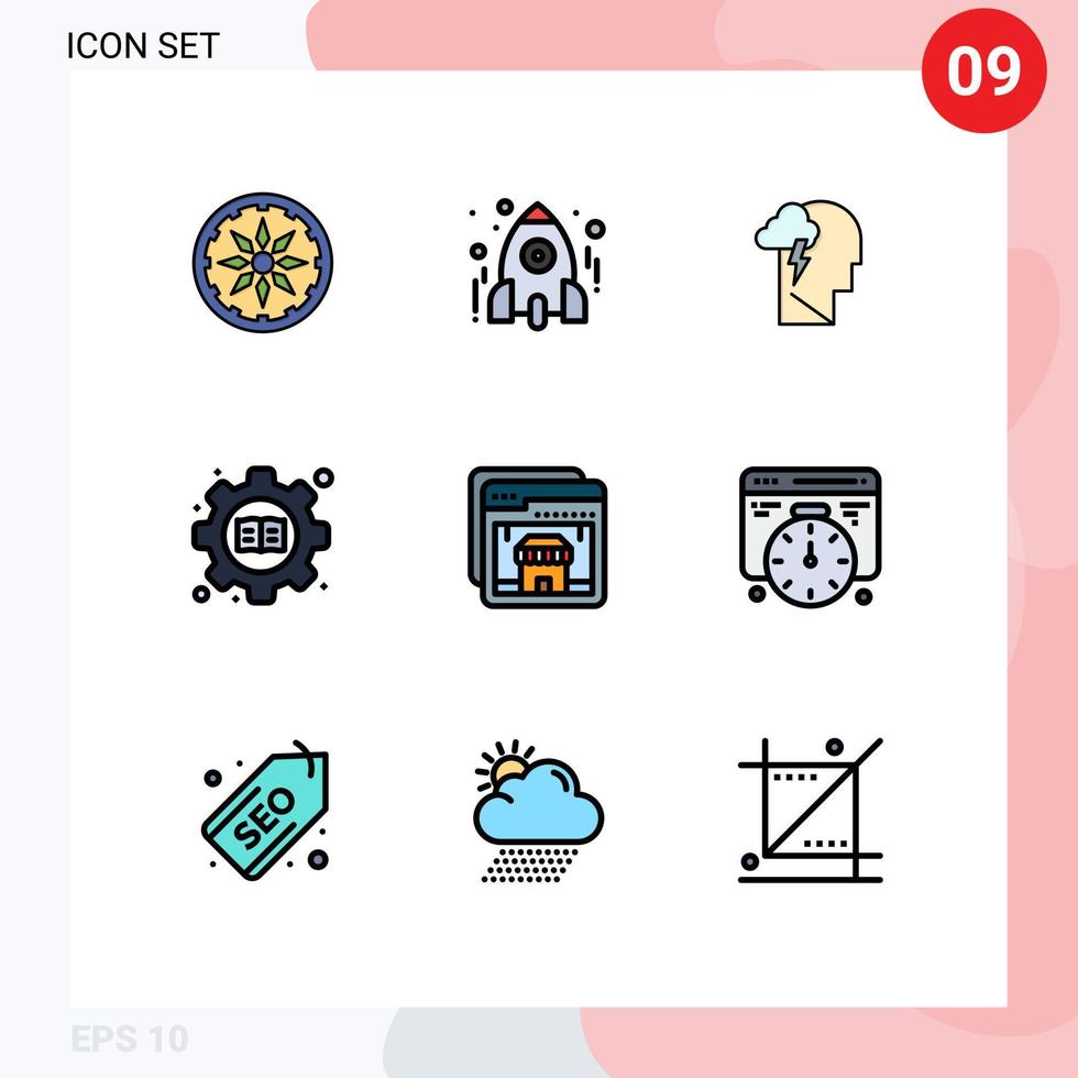 conjunto de pictogramas de 9 cores planas de linhas preenchidas simples de elementos de design de vetores editáveis de configuração de energia de livro on-line