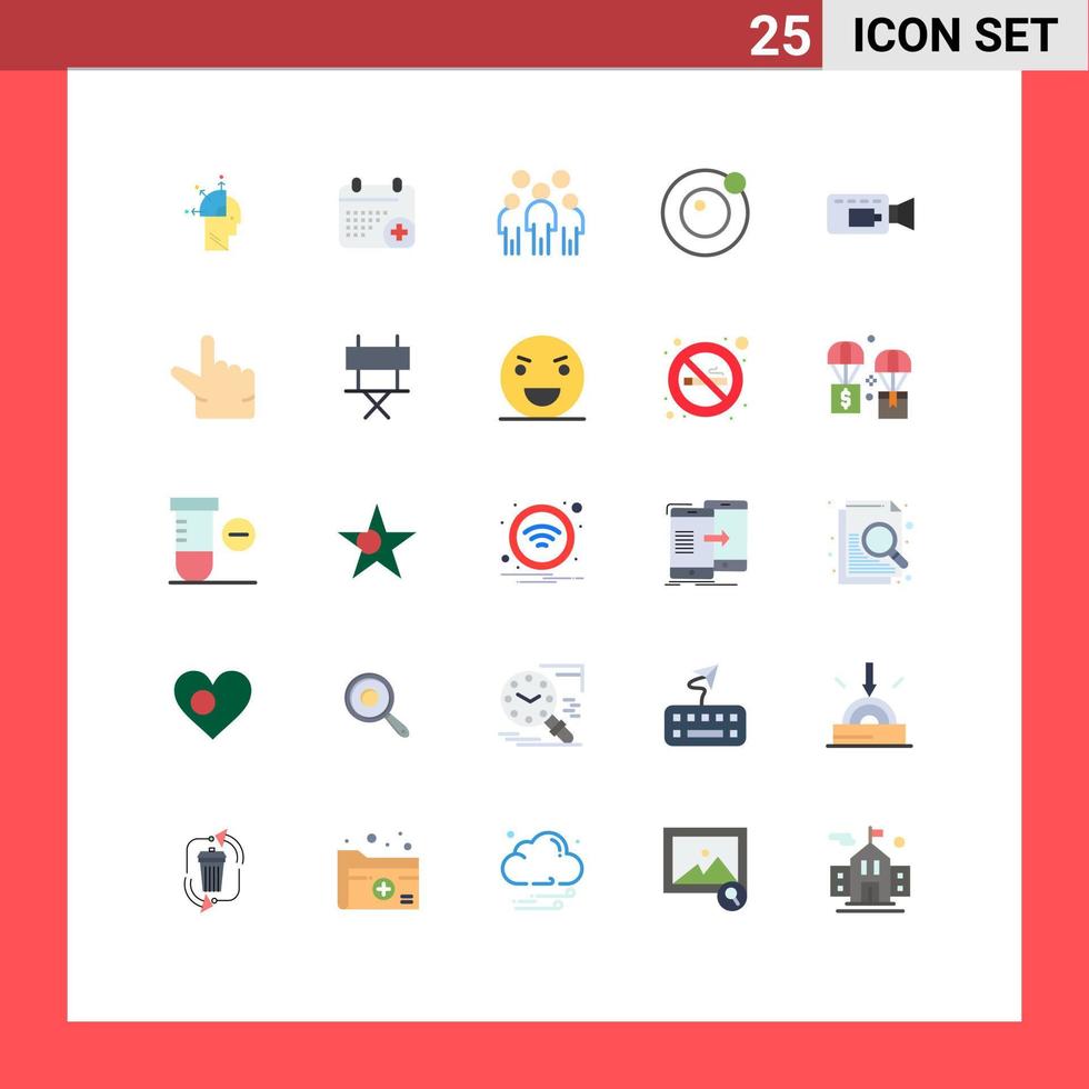 Conceito de 25 cores planas para sites móveis e aplicativos câmera satélite grupo órbita pessoa elementos de design de vetores editáveis