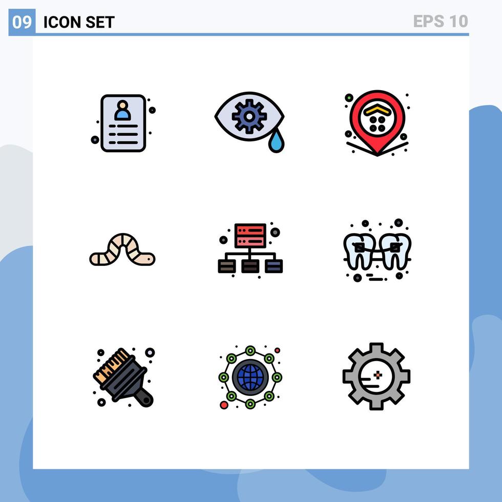 pacote de interface do usuário de 9 cores planas básicas de linhas preenchidas de elementos de design de vetores editáveis de insetos comerciais de propriedade de gerenciamento odontológico