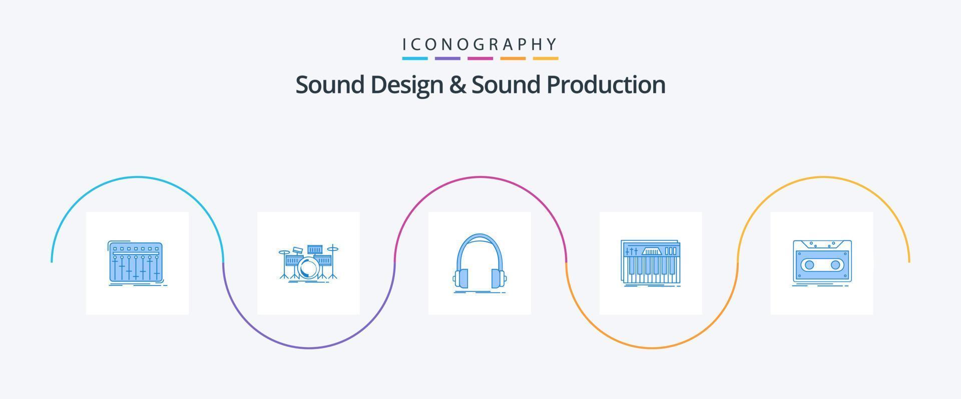 design de som e produção de som blue 5 icon pack incluindo chaves. controlador. kit. estúdio. fones de ouvido vetor