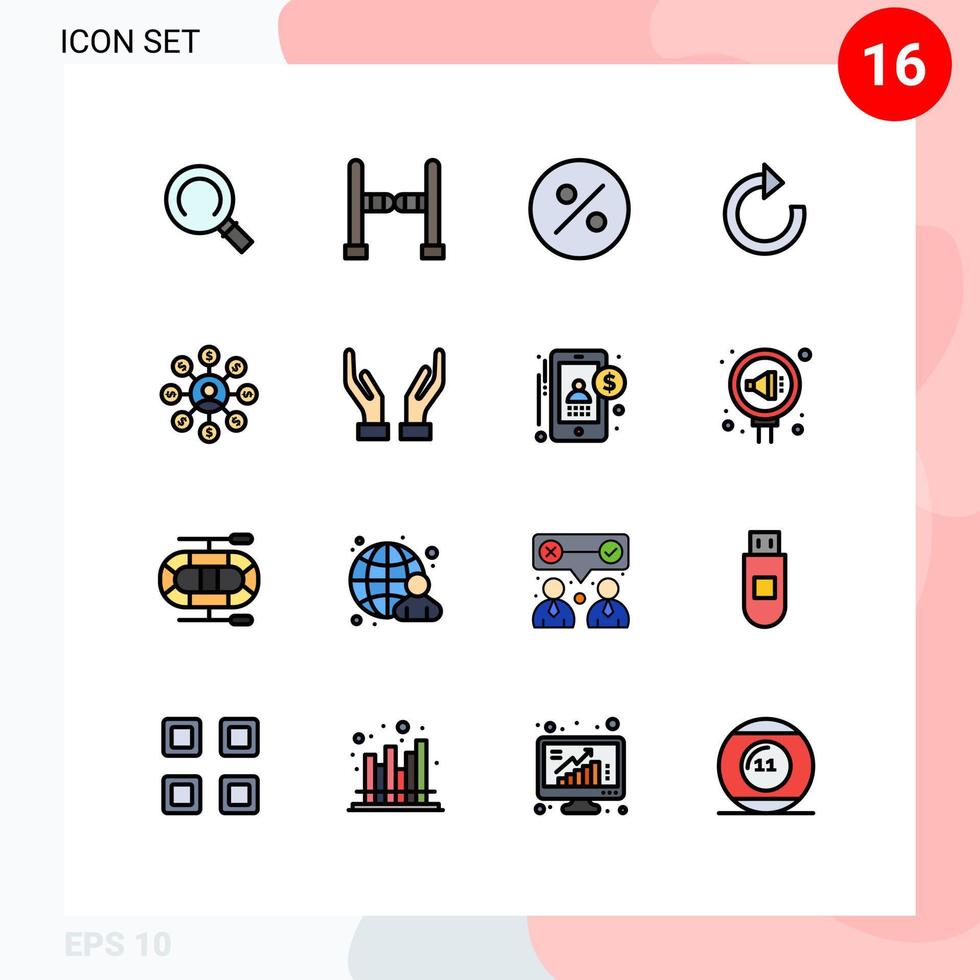 pacote de interface do usuário de 16 linhas básicas cheias de cores planas de cuidados com as mãos corrente de seta dinheiro elementos de design de vetores criativos editáveis