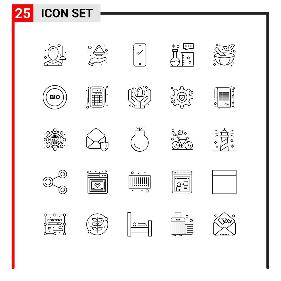 pacote de 25 sinais e símbolos de linhas modernas para mídia impressa na web, como equipamentos de laboratório de química, equipamentos químicos em pó, elementos de design de vetor editável android