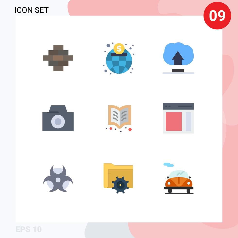 pacote de cores planas de 9 símbolos universais de interface de leitura de upload de aprendizagem de leitura de elementos de design de vetores editáveis