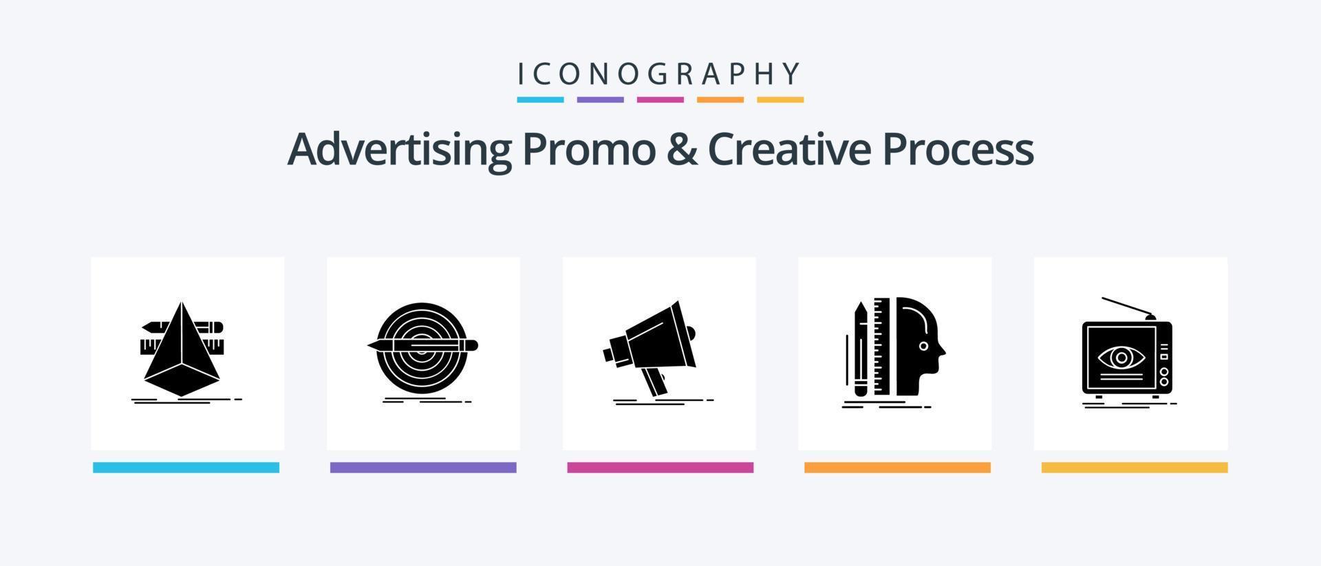 promoção de publicidade e pacote de ícones de glifo 5 de processo criativo, incluindo régua. Projeto. definir. megafone. marketing. design de ícones criativos vetor
