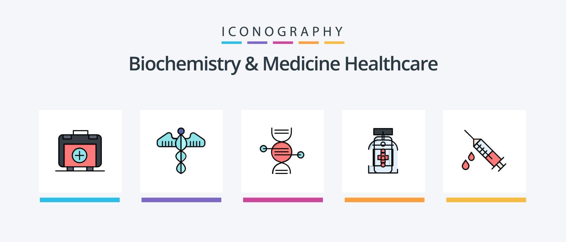 a linha de saúde de bioquímica e medicina preencheu o pacote de 5 ícones, incluindo médico. ambulância. cair. médico. helicóptero. design de ícones criativos vetor