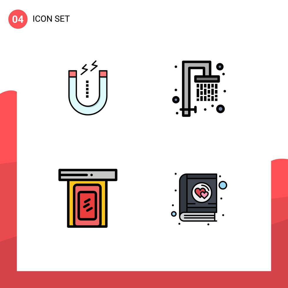 pacote de 4 sinais e símbolos modernos de cores planas de linha preenchida para mídia de impressão na web, como ferramenta de porta magnética, livro fresco, elementos de design vetorial editáveis vetor