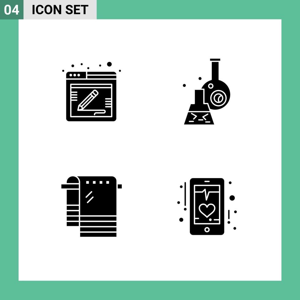 conjunto moderno de 4 glifos e símbolos sólidos, como elementos de design de vetor editável de toalha de teste de web de banho de blog