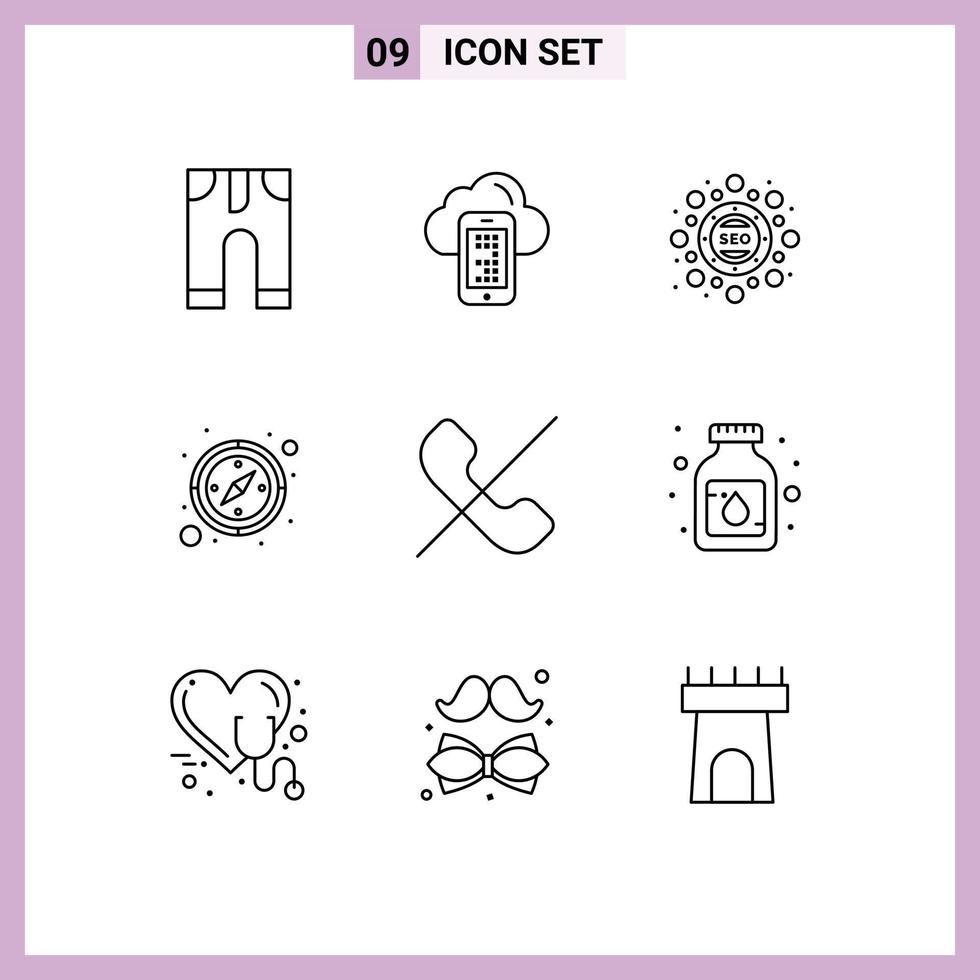 grupo de símbolos de ícone universal de 9 contornos modernos de elementos de design de vetores editáveis de bússola de marketing de chamada móvel