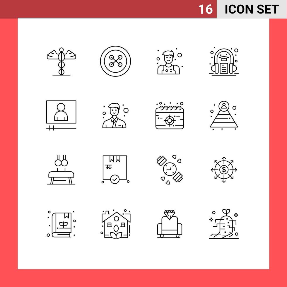 grupo de símbolos de ícone universal de 16 contornos modernos de player de vídeo, assistente de vídeo, livro de aprendizagem, elementos de design de vetores editáveis
