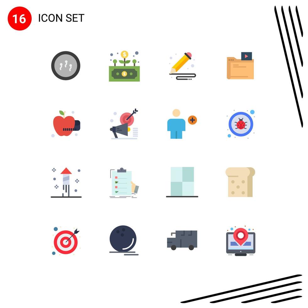 conjunto de 16 sinais de símbolos de ícones de interface do usuário modernos para pasta de vídeo de arte de mídia de comida pacote editável de elementos de design de vetores criativos