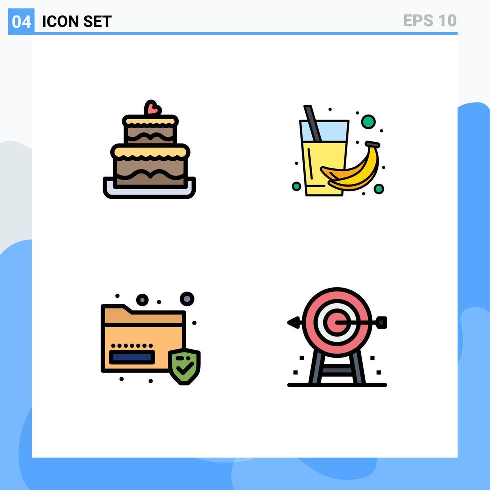 Pacote de cores planas de 4 linhas preenchidas de interface de usuário de sinais e símbolos modernos de pasta de bolo, elementos de design de vetores editáveis de segurança de saúde de banana