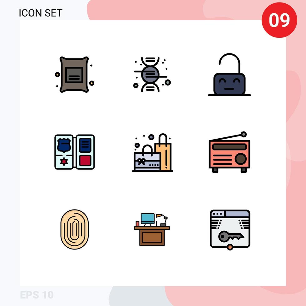 pacote de 9 sinais e símbolos modernos de cores planas de linha preenchida para mídia impressa na web, como sacola de compras fora do escudo estelar elementos de design vetorial editáveis vetor