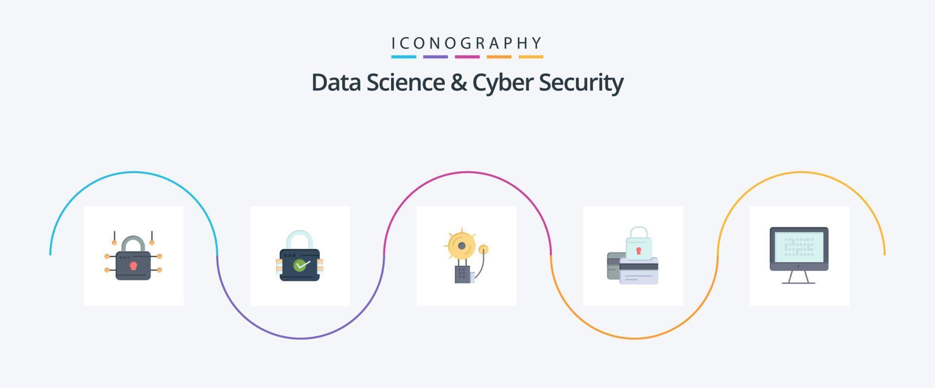 data science e cyber security flat 5 icon pack incluindo seguro. crédito. alarme. cartão. intruso vetor