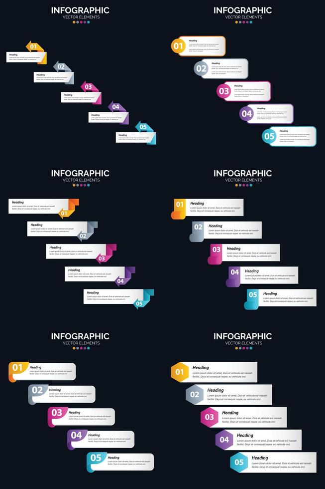 modelo de slide de apresentação de pacote de infográficos vetor 6 diagramas de ciclo de 5 etapas e linhas do tempo