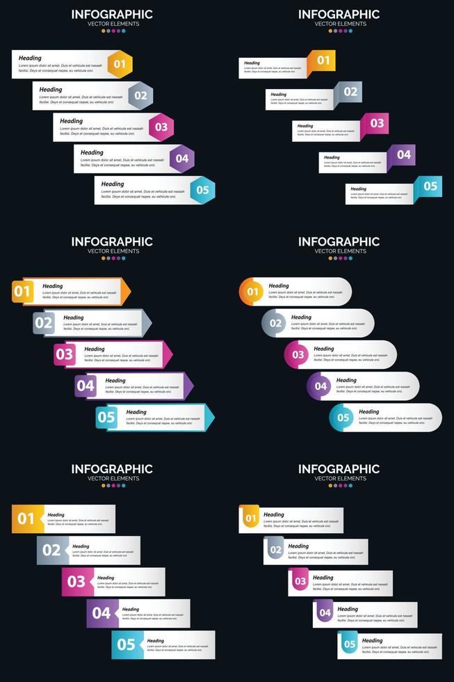 modelo de slide de apresentação de pacote de infográficos vetor 6 diagramas de ciclo de 5 etapas e linhas do tempo