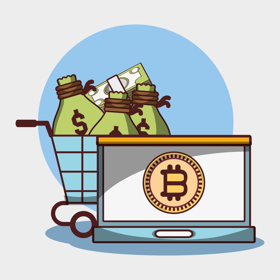 carrinho de compras de laptop bitcoin com sacos de dinheiro criptomoeda digital vetor