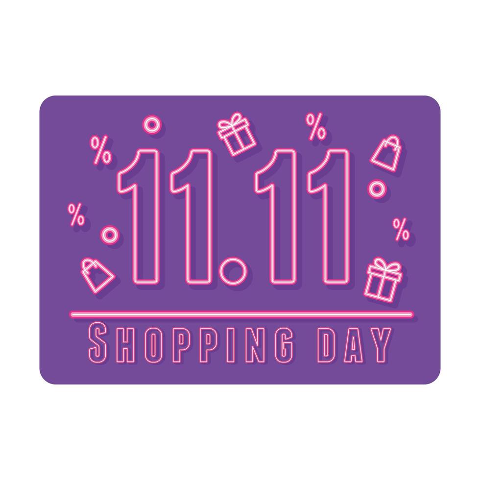 11 11 dias de compras, oferta de venda, bolsas de presentes de neon e letras vetor