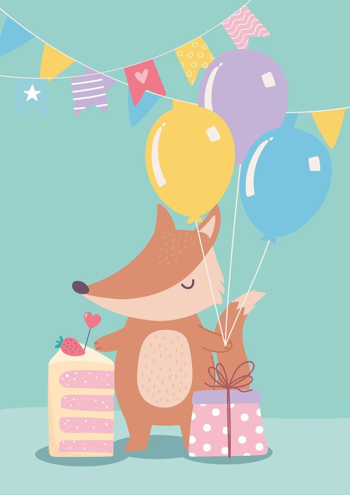 feliz aniversário, raposinha fofa com presente de bolo e desenho de decoração de celebração de balões vetor