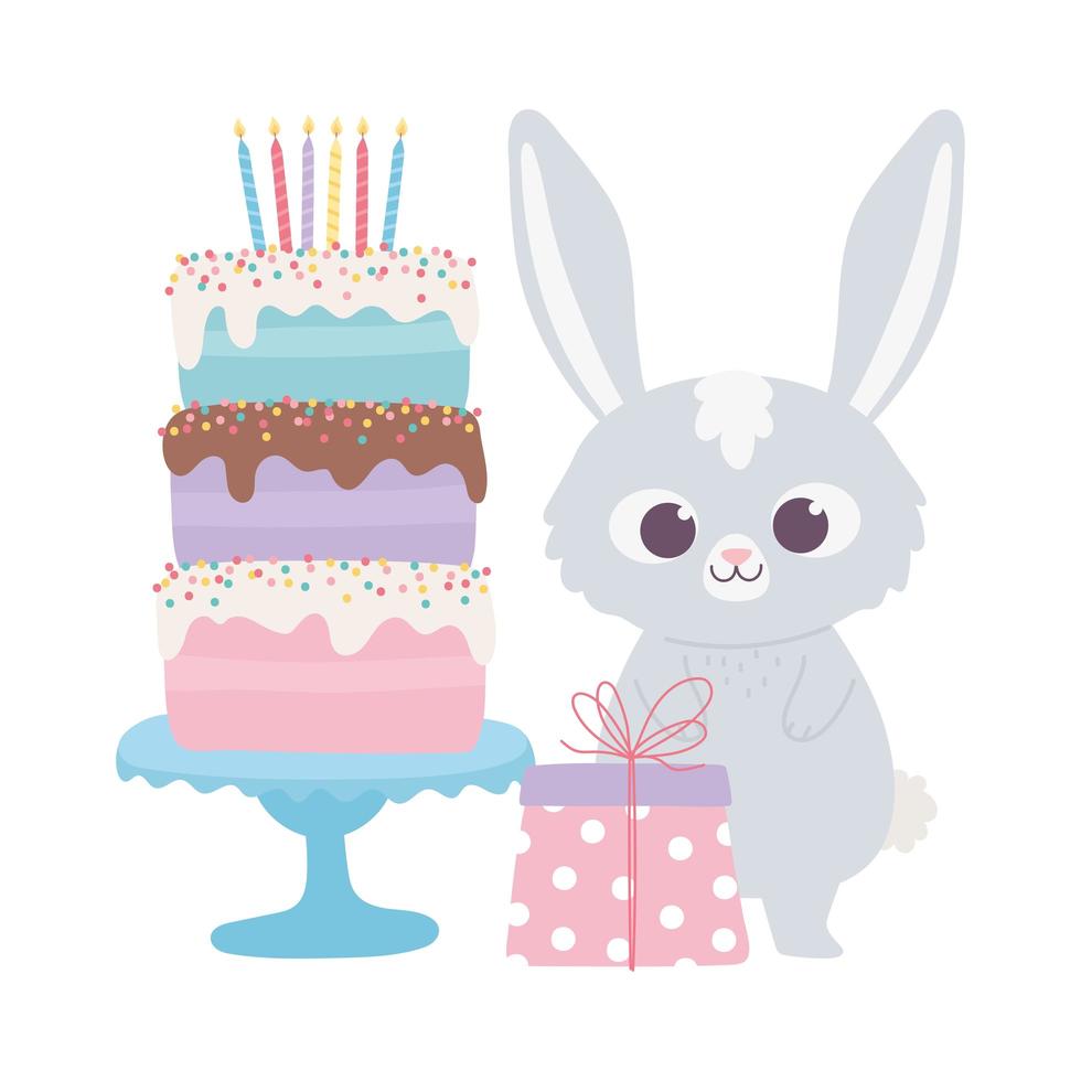 feliz aniversário, coelho fofo com bolo doce e desenho de decoração de celebração de presente vetor