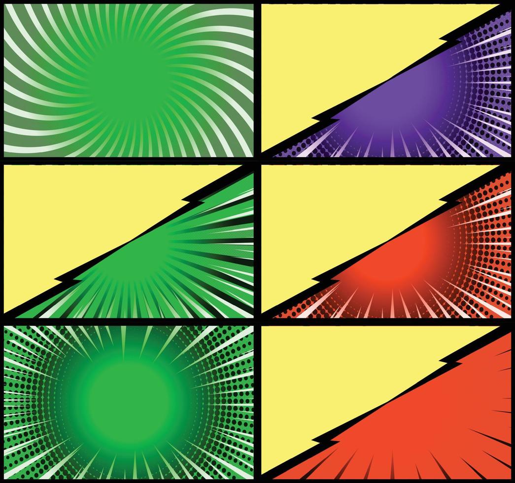 fundo de quadros coloridos de quadrinhos com raios de meio-tom radial e efeitos pontilhados estilo pop art vetor