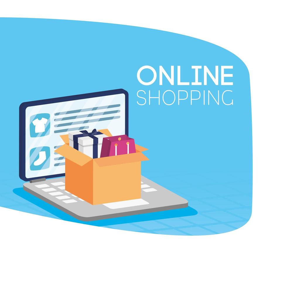 compras de comércio eletrônico online com laptop e embalagens na caixa vetor