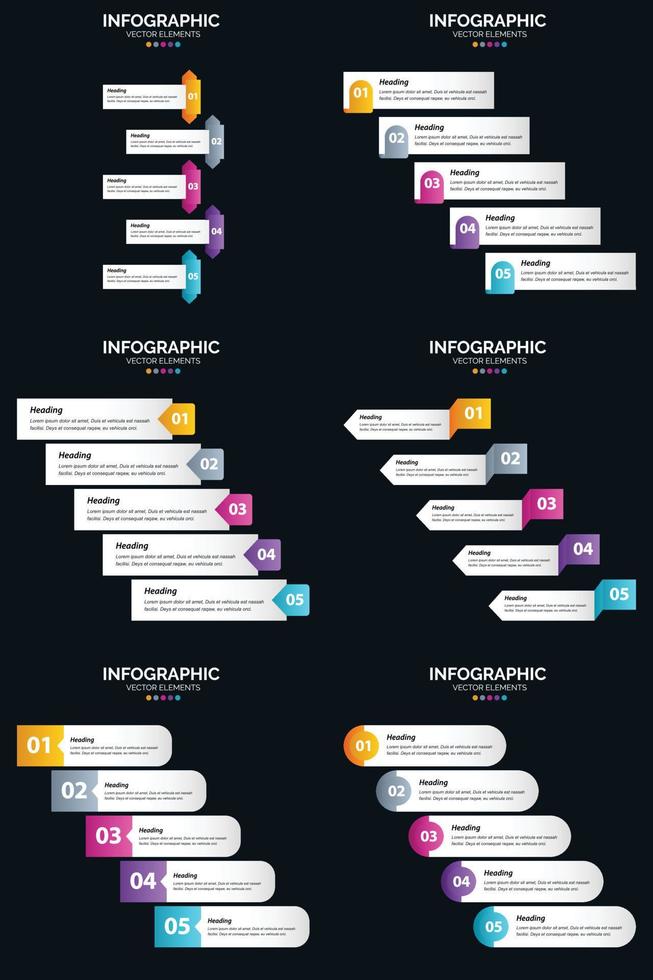 modelo de slide de apresentação de pacote de infográficos vetor 6 diagramas de ciclo de 5 etapas e linhas do tempo
