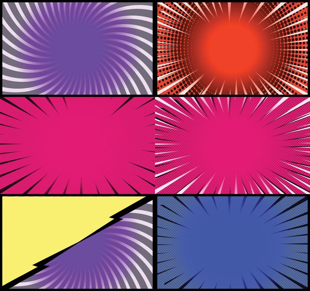 fundo de quadros coloridos de quadrinhos com raios de meio-tom radial e efeitos pontilhados estilo pop art vetor