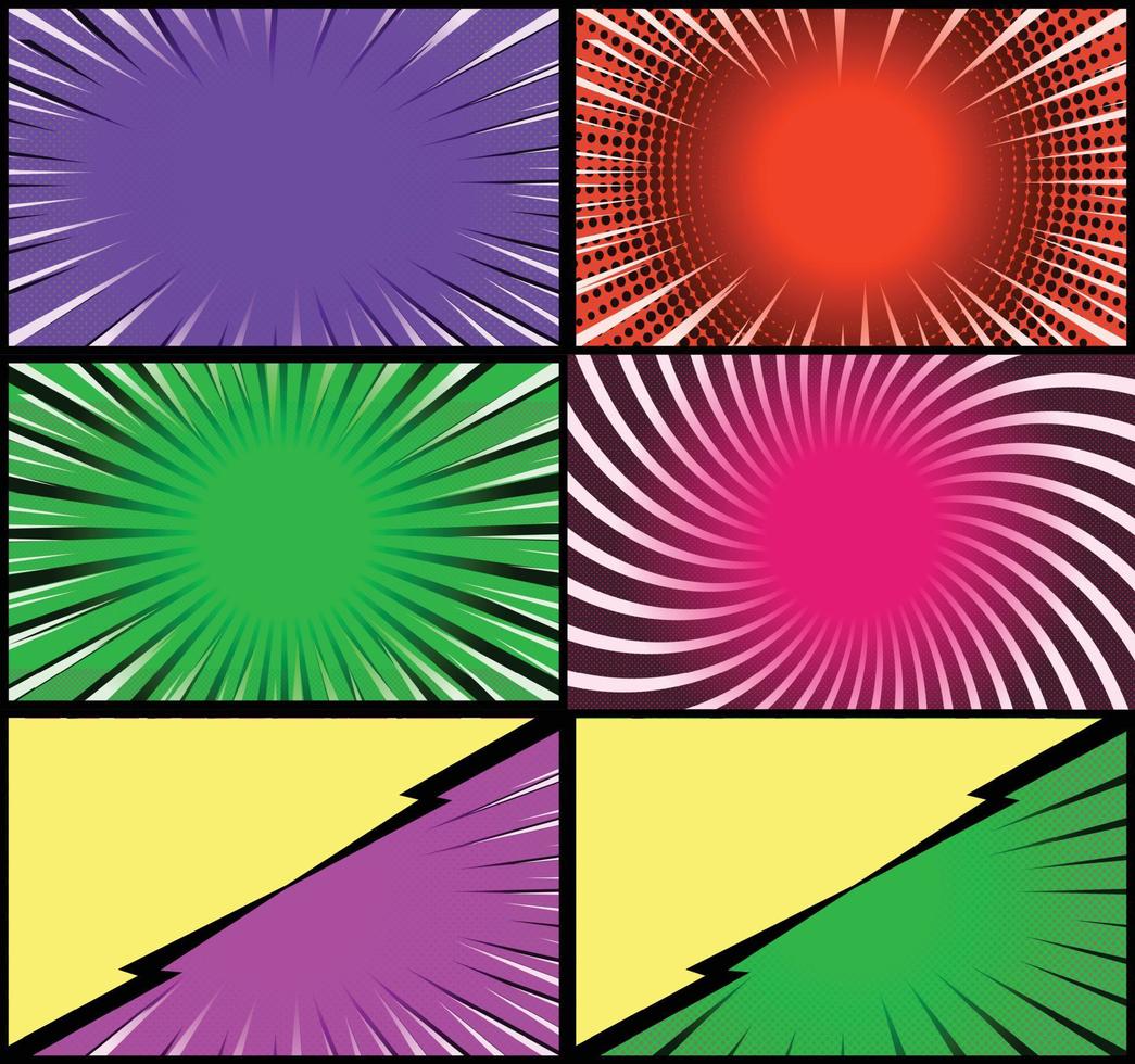 fundo de quadros coloridos de quadrinhos com raios de meio-tom radial e efeitos pontilhados estilo pop art vetor